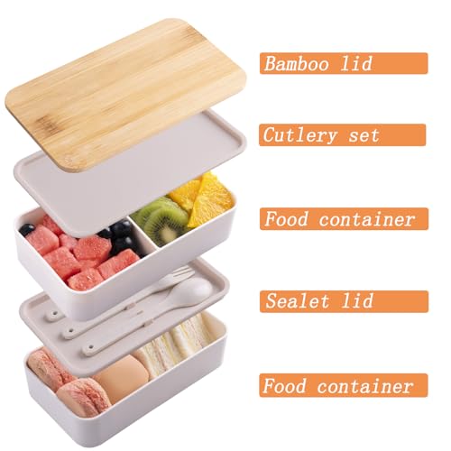Stackable Lunch Container with Bamboo Lid Bento Box for Adult with Lunch Bag and Flatware Set