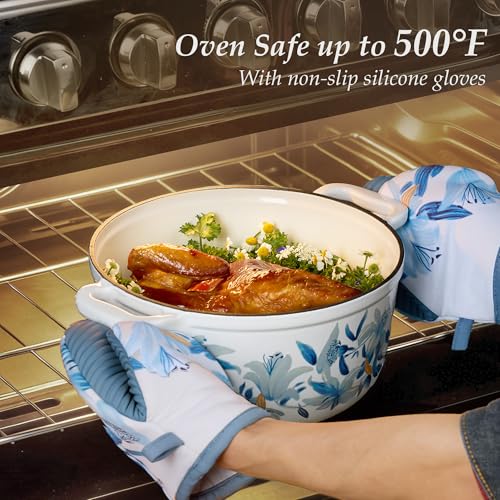 5QT Enameled Floral Cast Iron Dutch Oven Pot with Lid (Blue Floral / 5QT)