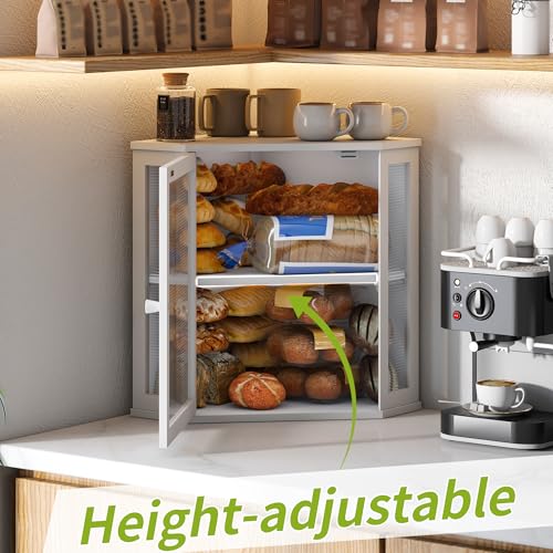 Corner Bread Box for Kitchen Countertop Double Layer Bamboo Wooden Bread box Large Capacity Bread Storage Bin (White / Extra Large)