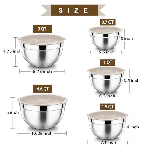 Metal Mixing Bowls with Lids Set (Khaki / Airtight Lids)