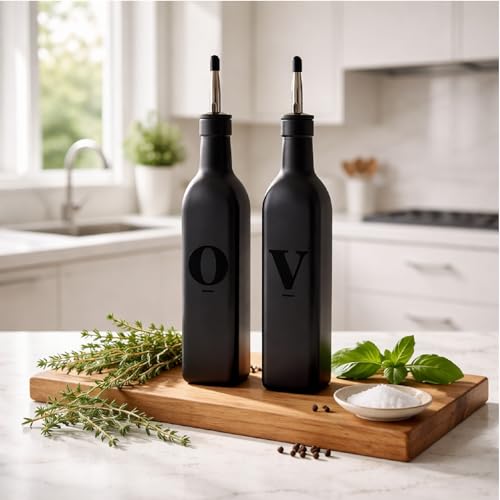 Olive Oil & Vinegar Dispenser Bottle Set with Stainless Steel Spouts & Funnel