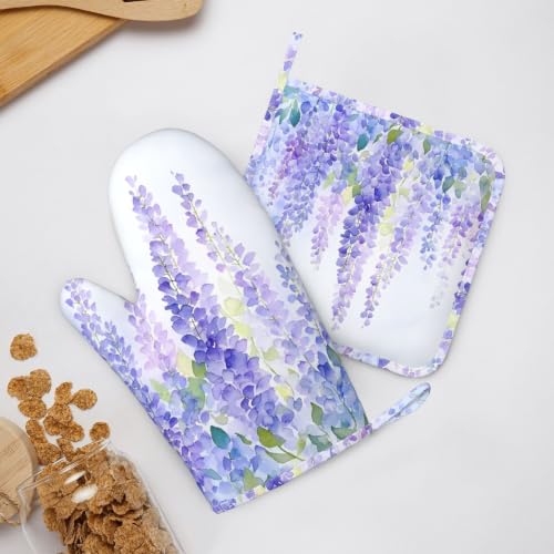 Oven Mitts and Pot Holders Set Lavender Flower Floral Silicone Kitchen Accessories 4 Piece Heat Resistant Long Gloves Potholder Non (C08)