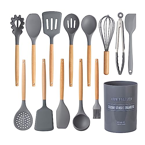 Non Stick Silicone Utensil Set with Rounded Wood Handles for Cooking and Baking (14 Piece Set / Gray)