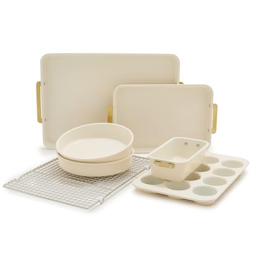Bakeware Set 7 Piece Nonstick Ceramic Gold Handle Baking Sheets