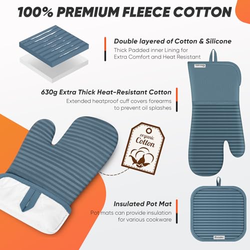 Oven Mitts Kitchen Towels and Dishcloths with Pot Holders Sets (Dusty Blue)