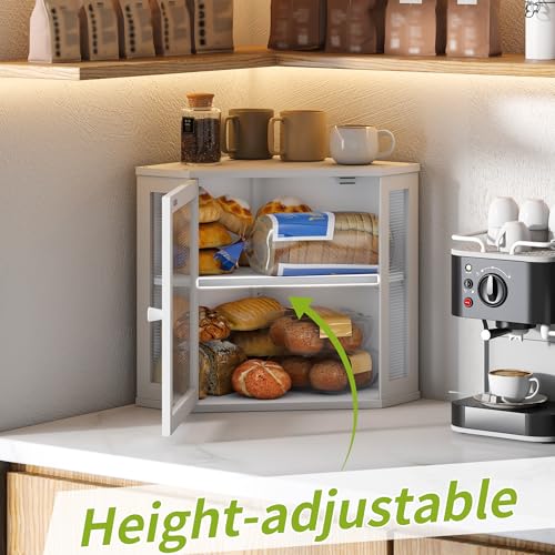 Corner Bread Box for Kitchen Countertop Double Layer Bamboo Wooden Bread box Large Capacity Bread Storage Bin (White / Medium)