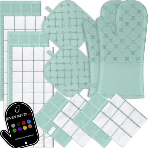 Oven Mitts Kitchen Towels Dishcloths with Pot Holders Sets 12PCS (Mint Green)