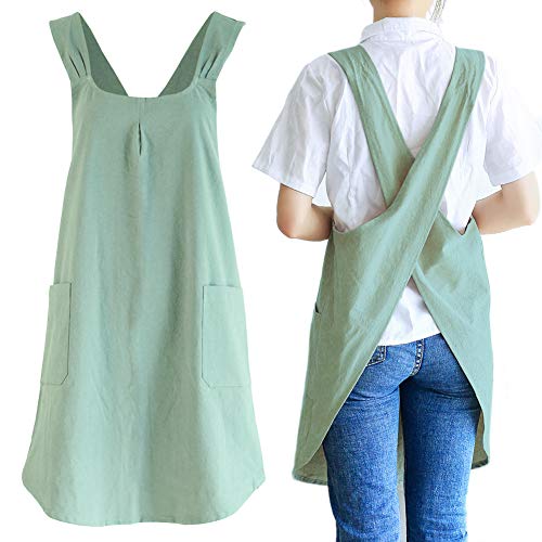 Japanese Cotton Linen Cross Back Cooking Apron for Women Men with Pockets Cute for Baking Kitchen