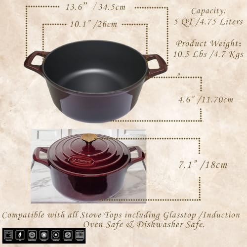 La Cuisine Enameled Cast Iron Dutch Oven Casserole Pot with Golden handle for Lid (5.0 QT Round / Cranberry)