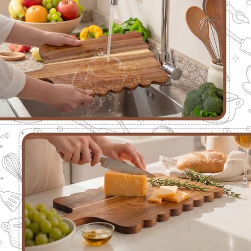 6 Pcs Acacia Wood Scalloped Cutting Boards Set with Handle (15 x 7 inches)