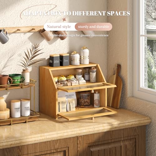 Bread Box for Kitchen Countertop Bin Double Layer Bread Box Storage Container Extra Large Capacity Farmhouse with Diamond Pattern Windows (Natural / Large)