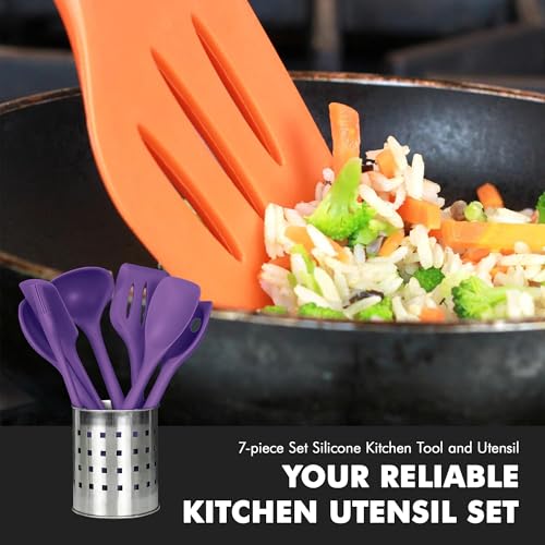 Premium Silicone Kitchen Tool and Utensil Set (7 Piece Set / Purple)