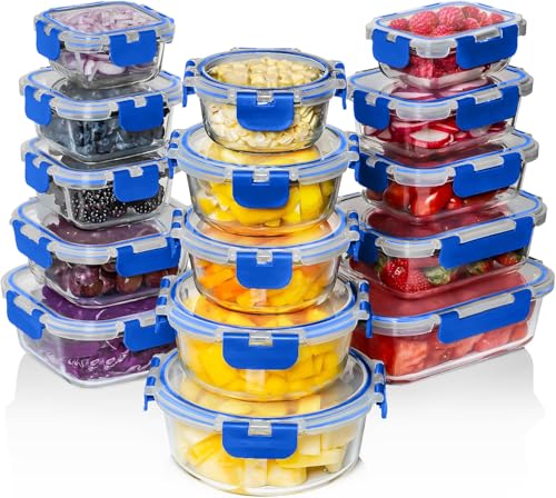 30 PC Glass Food Storage Containers with Lids (Blue)