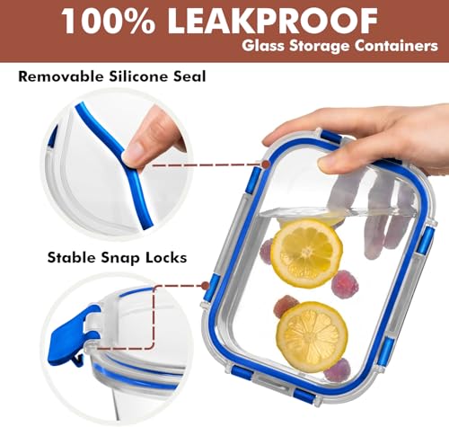 30 PC Glass Food Storage Containers with Lids (Blue)