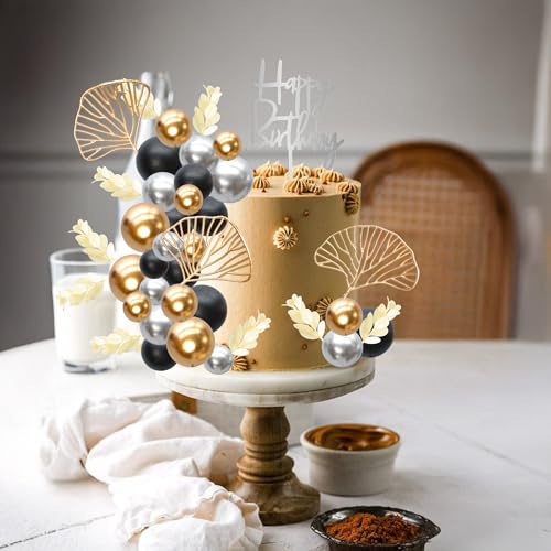 57Pcs Khaki Balls Cake Topper Boho Grass Cake topper Pearl Balls Acrylic Happy Birthday Cake Decorations for Wedding Baby Shower Birthday Boho Themed Party Supplies Khaki White Gold