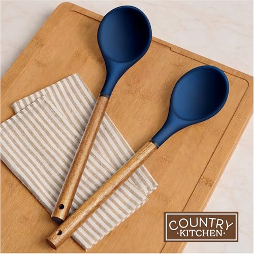 Non Stick Silicone Utensil Set with Rounded Wood Handles for Cooking and Baking (8 Piece Set / Navy)
