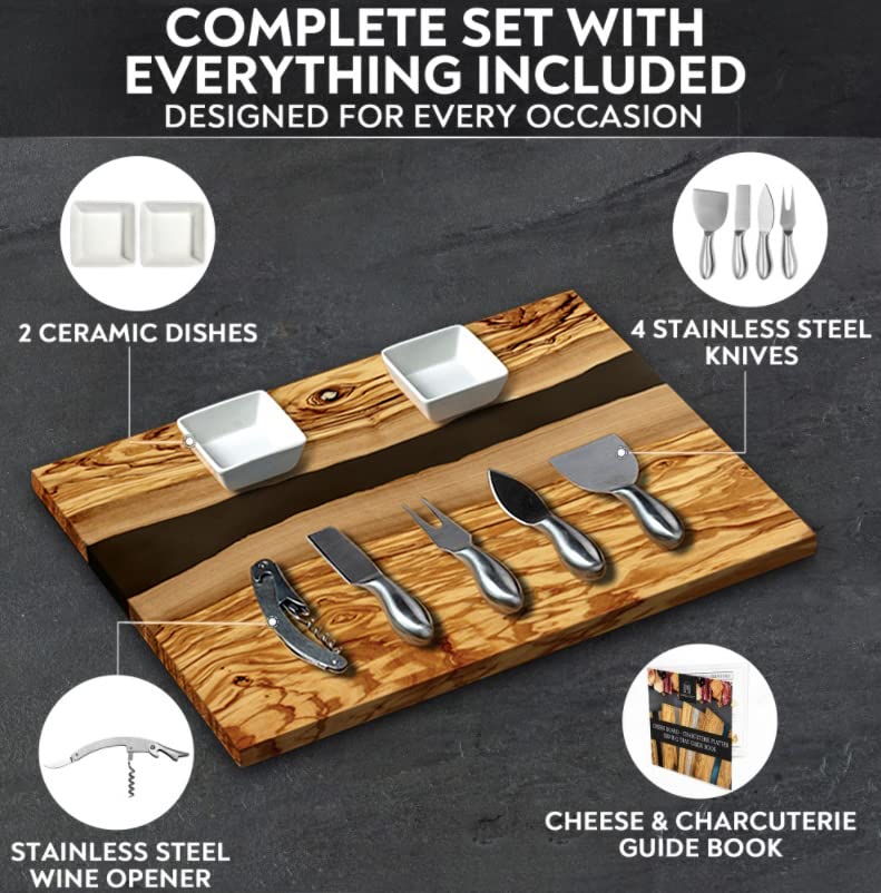 Handcrafted Italian Olive Wood Cheese & Charcuterie Board Set with Unique Black Resin Artwork