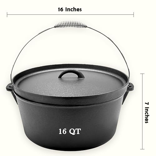 16QT Cast Iron Dutch Oven with Lip Lid & Bail Handle