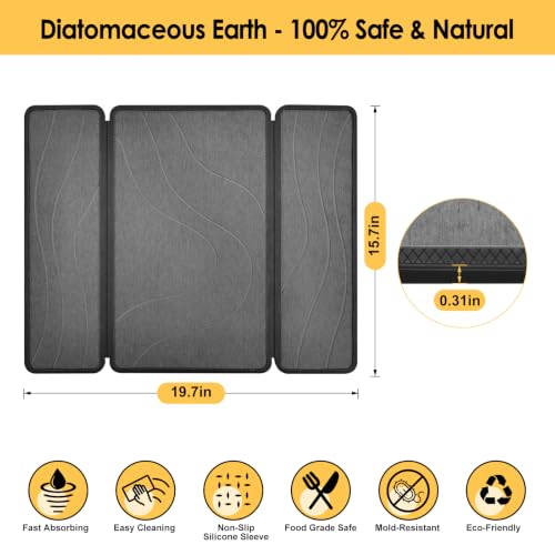 Stone Dish Drying Mat with Silicone Sleeve (Gray / Water Ripple Pattern / 19.7" x 15.7")