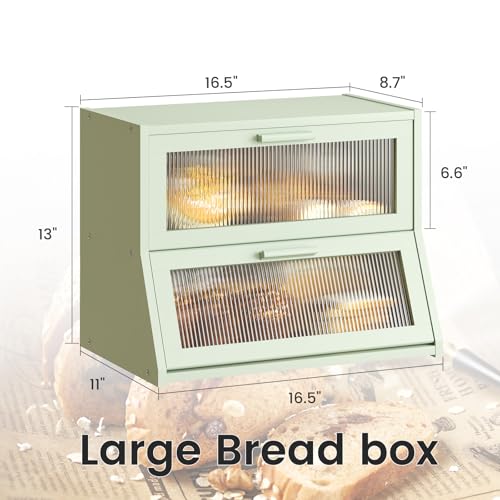 Double Layer Bamboo Bread Box for Kitchen Counter (Light Green / Medium)
