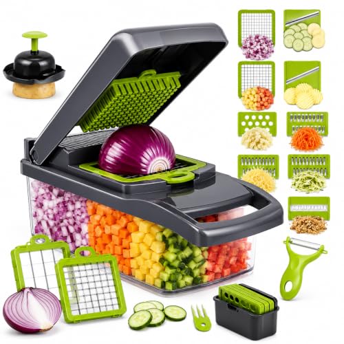 16-in-1 Vegetable Chopper with Container, 8-Blade Food Chopper, Onion Chopper, Veggie Cutter & Mandoline Slicer, BPA-Free Kitchen Gadget
