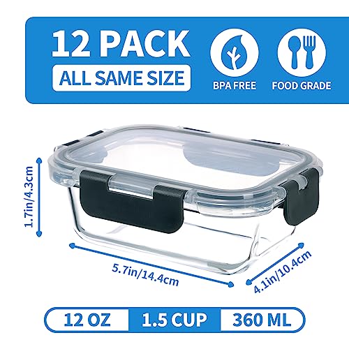 24 Piece Small Glass Food Storage Containers with Lids Airtight (12oz,Same Size - 12 Pack,Grey Set)