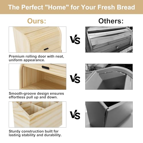 Roll Top Bread Box for Kitchen Countertop (Wood Color)