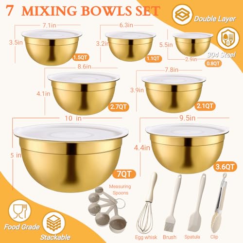 7 Pack Gold Mixing Bowls Set with 5 PCS Kitchen Accessories