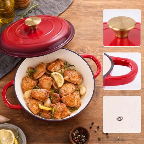 Dutch Oven Enameled Cast Iron with Lid (Red / 3 QT（Shallow Pot）)