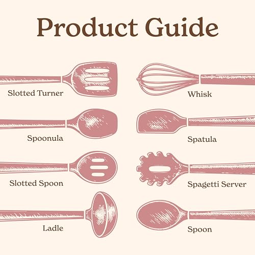 Non Stick Silicone Utensil Set with Rounded Wood Handles for Cooking and Baking (8 Piece Set / Pink)