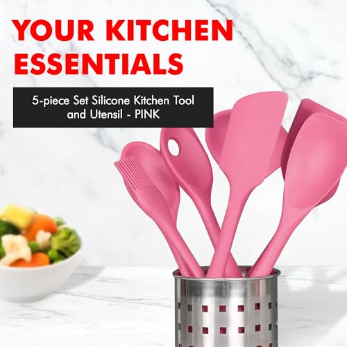 Premium Silicone Kitchen Tools and Utensils Set (5 Piece Set / Pink)