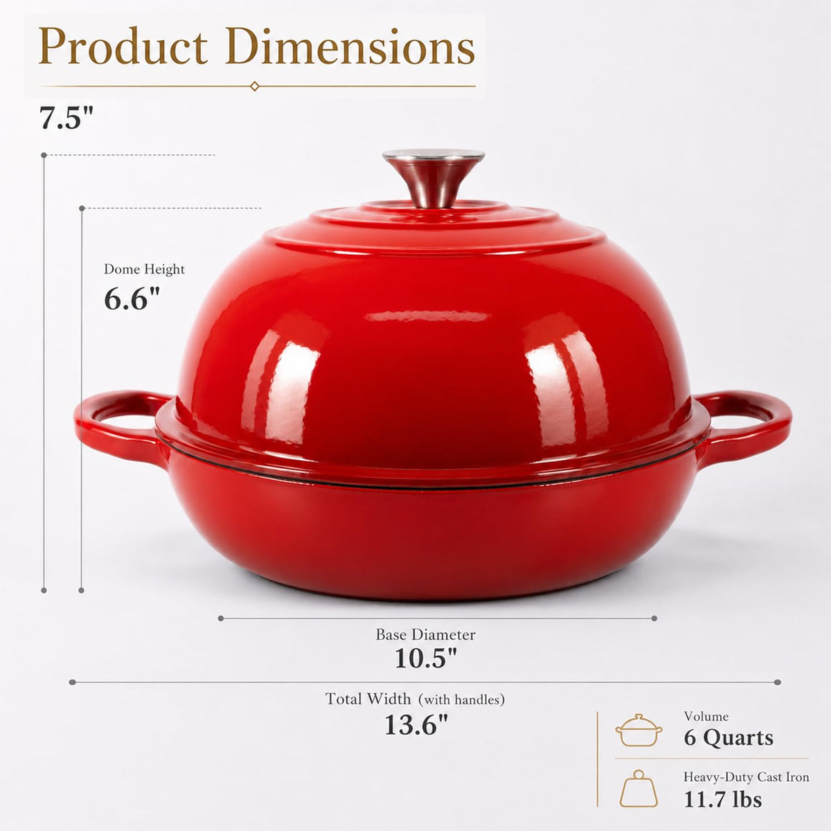 6QT Enameled Cast Iron Dutch Oven for Sourdough Bread Baking (Garnet Red)
