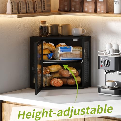 Corner Bread Box for Kitchen Countertop Double Layer Bamboo Wooden Bread box Large Capacity Bread Storage Bin (Black / Medium)