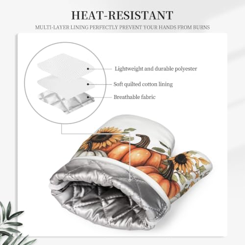 Oven Mitts and Pot Holders Set Pumpkin Thanksgiving Fall Silicone Kitchen Accessories 4 Piece Heat Resistant Long Gloves Potholder Non (C03)