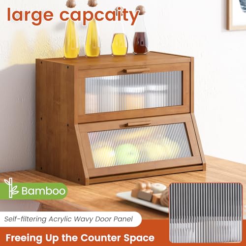 Double Layer Bamboo Bread Box for Kitchen Counter (Brown / Medium)