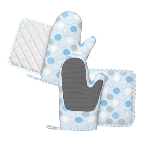 Oven Mitts and Pot Holders Summer Seashell Blue Pastel Silicone Kitchen Accessories Set of 4 Heat Resistant Long Gloves Potholder Non (A063225)