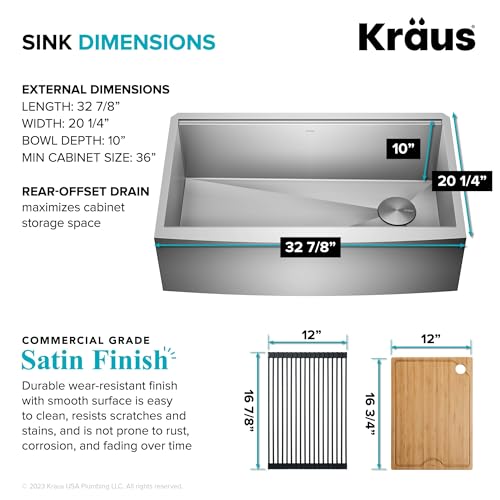 Kore 33 Inch Farmhouse Workstation 16 Gauge Single Bowl Stainless Steel Kitchen Sink with Accessories (33 Inch / Rounded Farmhouse / Stainless Steel)