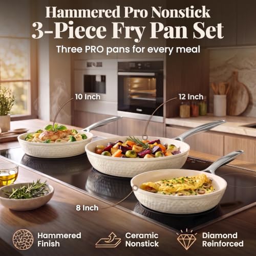 Hammered 3 Pc Titanium Ceramic Nonstick Frying Pans Set (Hammered Cream)