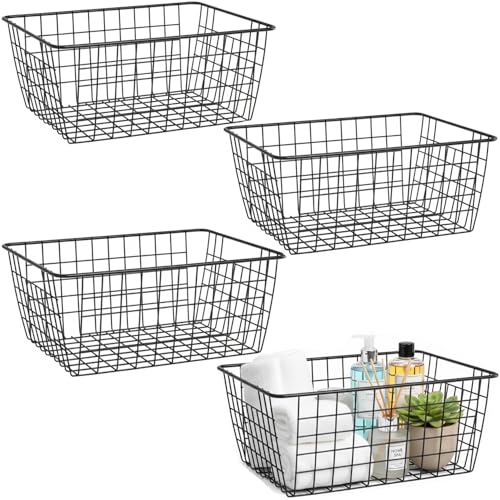 Metal Wire Food Storage Basket Organizer with Wooden Handles for Organizing Kitchen Cabinets