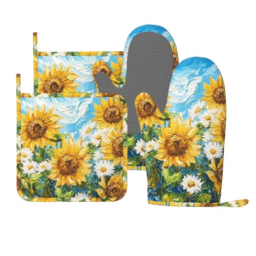 Oven Mitts and Pot Holders Sunflower Daisy Flower Art Silicone Kitchen Accessories Set of 4 Heat Resistant Long Gloves Potholder Non (A0664212)