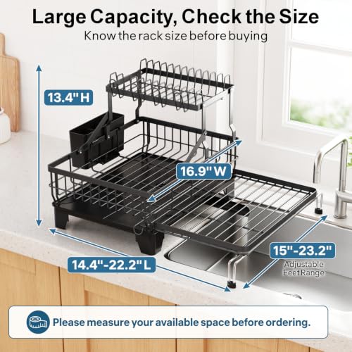 Large 2 Tier Dish Drying Rack (Black / 2-Tier, Expandable 14.4"-22.4" W)