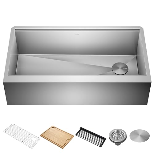 Kore 36 Inch Modern Farmhouse Workstation 16 Gauge Single Bowl Stainless Steel Kitchen Sink with Accessories (36 Inch / Flat Farmhouse / Stainless Steel)