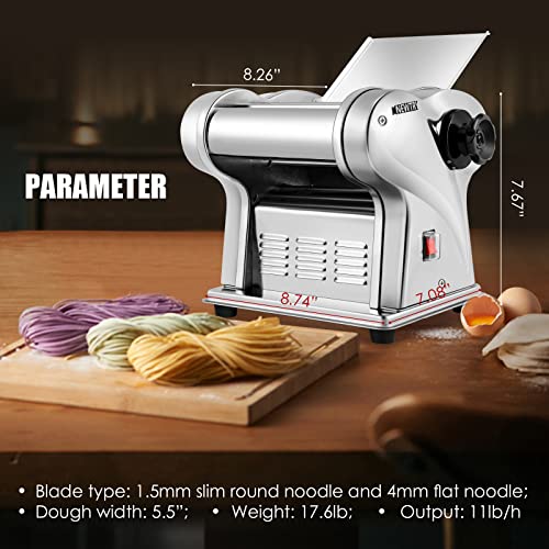 Electric Pasta Maker Noodle Maker Pasta Making Machine Dough Roller Cutter Thickness Adjustable Stainless Steel US 110V for Family Use 2 Blades Type (1.5mm Round+4mm Flat Noodle)