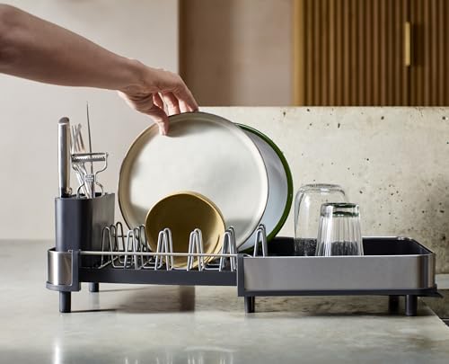 Extend Slim Steel Expandable Dish Drying Rack with Removable Cutlery Holder and Swivel Draining Spout (Slim / Gray)