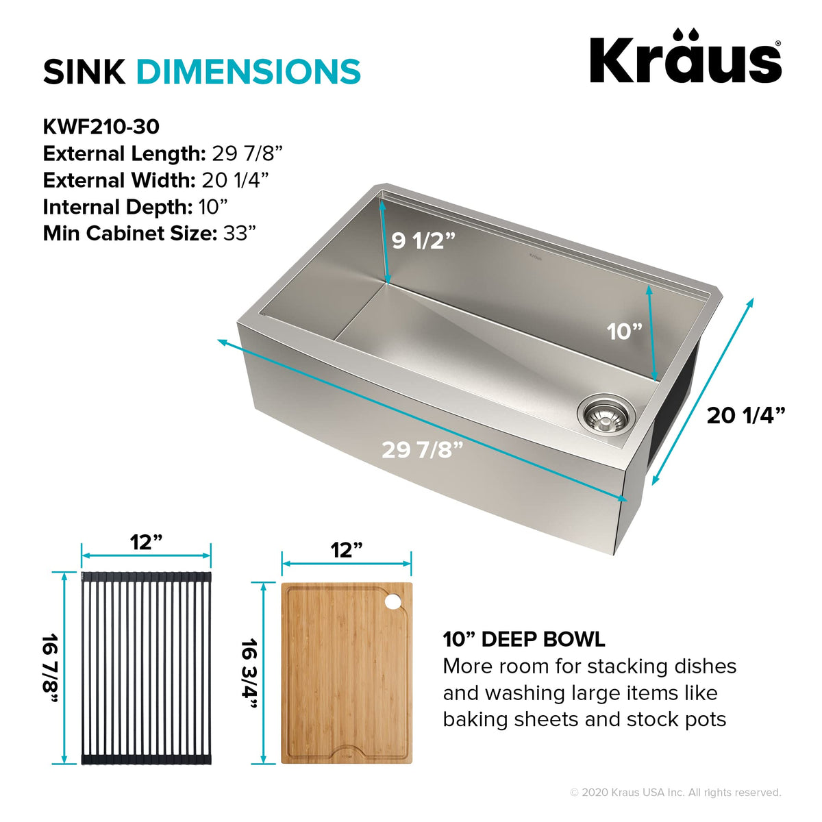 Kore 30 Inch Rounded Farmhouse Workstation with In Sink Dish Drying Rack (30 Inch / Rounded Farmhouse / Stainless Steel)
