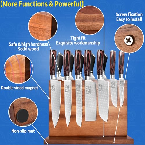 Extra Large Magnetic Knife Block Acacia Wood Knife Set Holder Stand With Stronge Magnetic Strip Kitchen Knives Storage Rack Organizer Tools No Drilling (dark wood color / 11*8 inch without board)