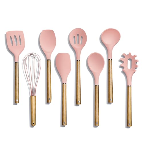 Non Stick Silicone Utensil Set with Rounded Wood Handles for Cooking and Baking (8 Piece Set / Pink)