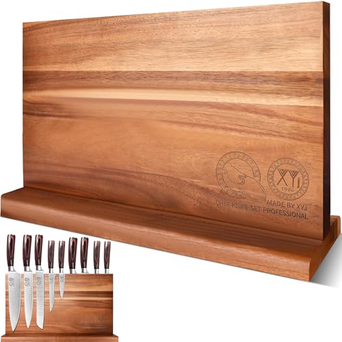 Extra Large Magnetic Knife Block Acacia Wood Knife Set Holder Stand With Stronge Magnetic Strip Kitchen Knives Storage Rack Organizer Tools No Drilling (dark wood color / 15.5*8.7 inch without board)