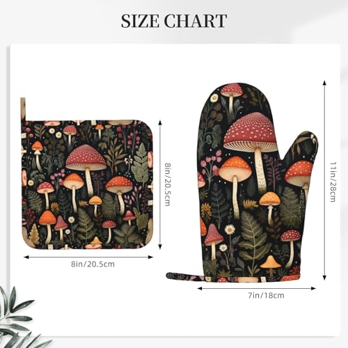 Oven Mitts and Pot Holders Mushroom Botanical Leaf Vintage Silicone Kitchen Accessories Set of 4 Heat Resistant Long Gloves Potholder Non (A0632)