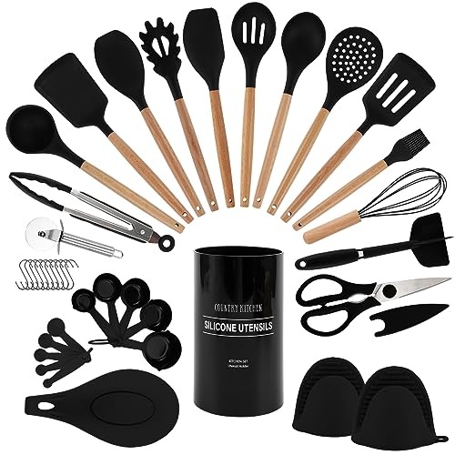 Non Stick Silicone Utensil Set with Rounded Wood Handles for Cooking and Baking (38 Piece Set / Black)